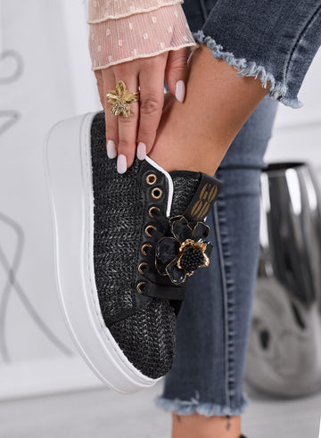 DOROTY - Baskets noires avec applications fleur bijou et semelle plateforme