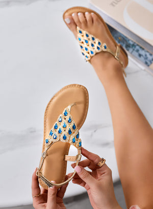 DREAMS - Flat jeweled gold sandals with blue drops and adjustable strap