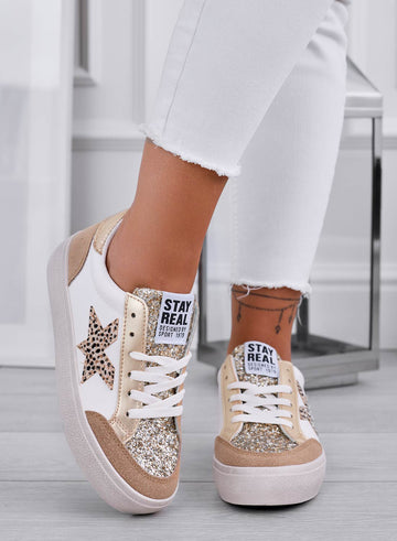 EDDA - Beige sneakers with gold glitter inserts