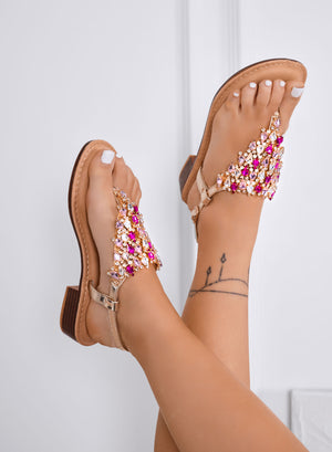 EDDIE - Low gold jeweled sandals with fuchsia stones