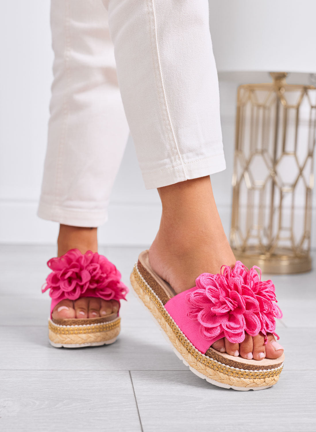 ELEONORA - Sandali Ciabatte fucsia con maxi fiore e suola platform in corda
