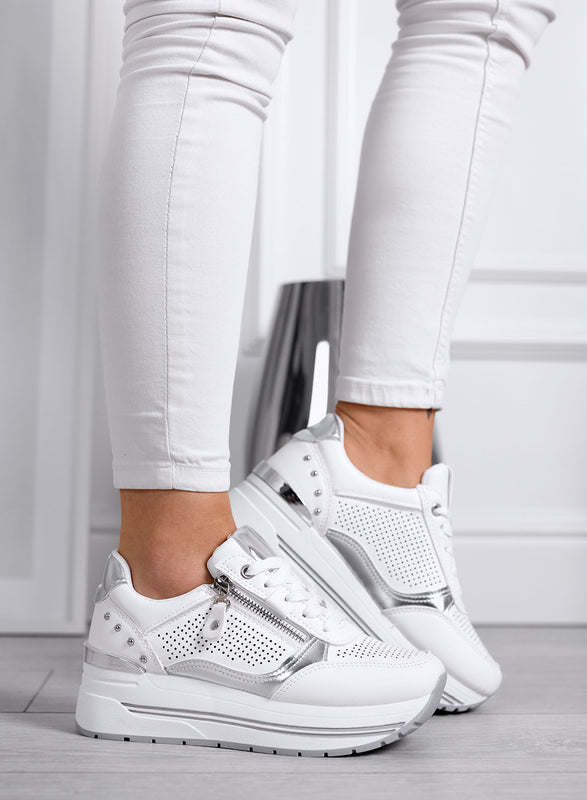 ENEA - White Sneakers with Side Zip and Silver Details