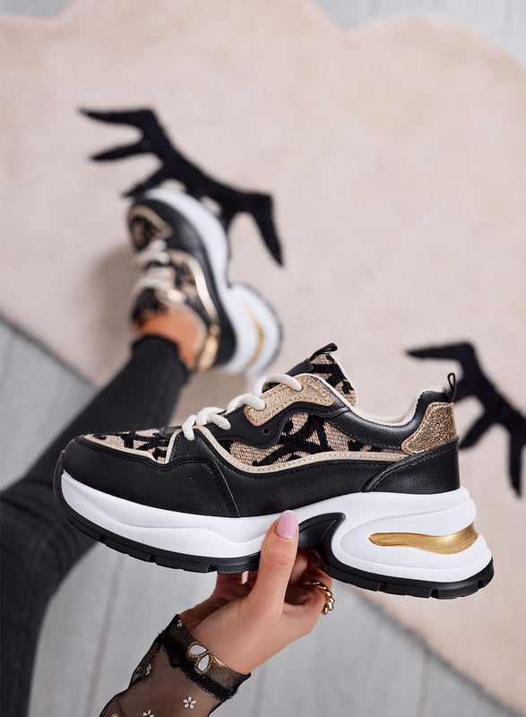 ENEA - Sneakers nere e beige con trama monogram e dettagli oro