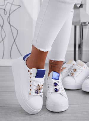 ENERGY - White sneakers with jeweled cat and blue back