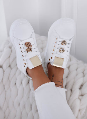 ENERGY - White sneakers with jeweled cat and gold heel