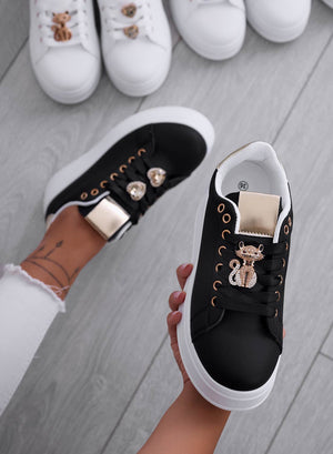 ENERGY - Black sneakers with jeweled cat and gold heel