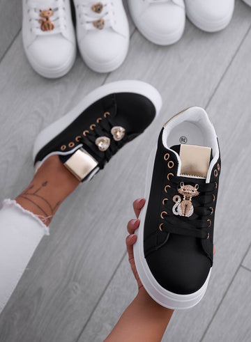 ENERGY - Black sneakers with jeweled cat and gold heel