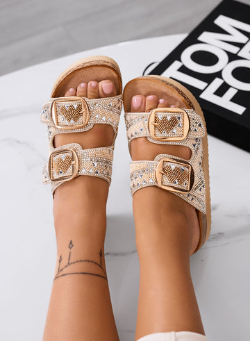 ENRICA - Beige sandals slippers with gold buckles and rhinestones