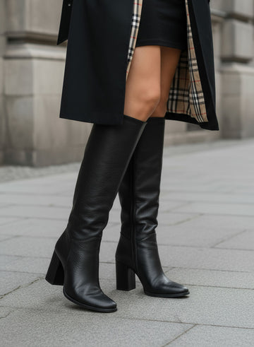 ERIKA - Black tall boots in hammered eco-leather with comfortable heel