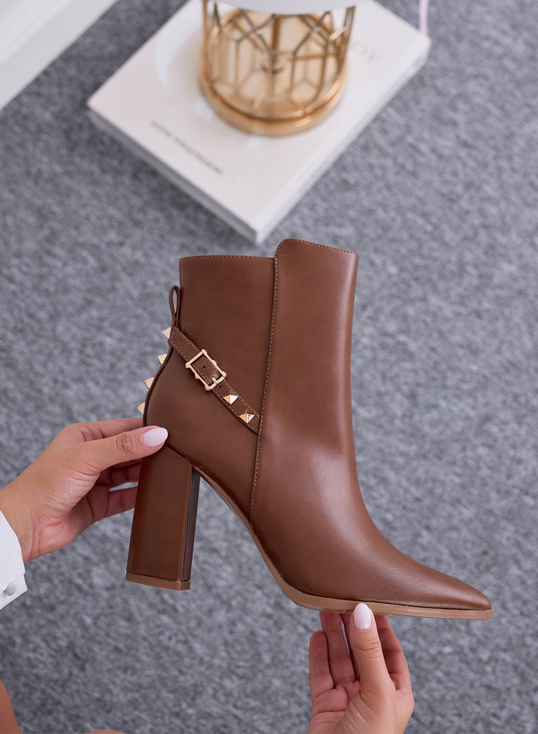 EROS - Brown ankle boots with buckle and gold studs