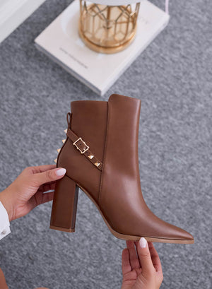 EROS - Brown ankle boots with buckle and gold studs