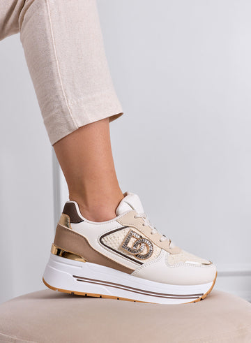 ESTER - Beige Platform Sneakers with Brown Details and Jewel Logo