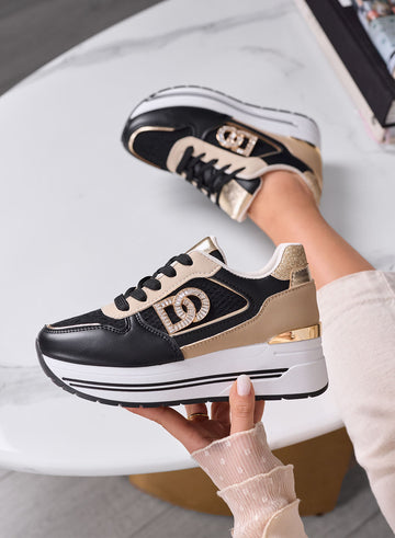 ESTER - Black Platform Sneakers with Gold Details and Jewel Logo