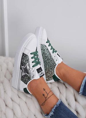 White sneakers with star and green glitter inserts
