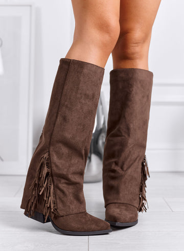 ETHEL - Brown camper boots with fringes and wide heel