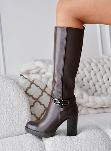 FALLS - Brown boots with 10 cm heel and elastic at the calf
