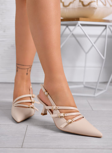 FAUSTA - Décolleté beige slingback con cinturini sottili e tacco a rocchetto