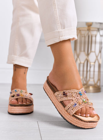 FEDERICA - Sandali ciabatte rosa platform in crochet con pietre colorate