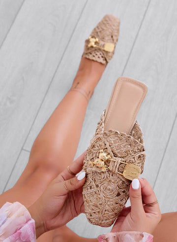 FIESTA - Mud-colored espadrilles, embroidered sabot style with gold teddy