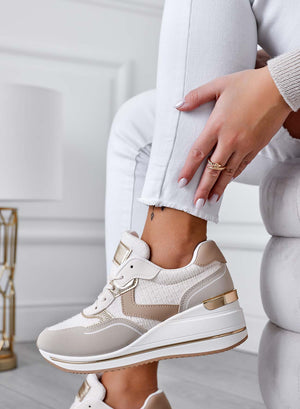 FIONA - Beige sneakers with contrasting panels and wedge heel