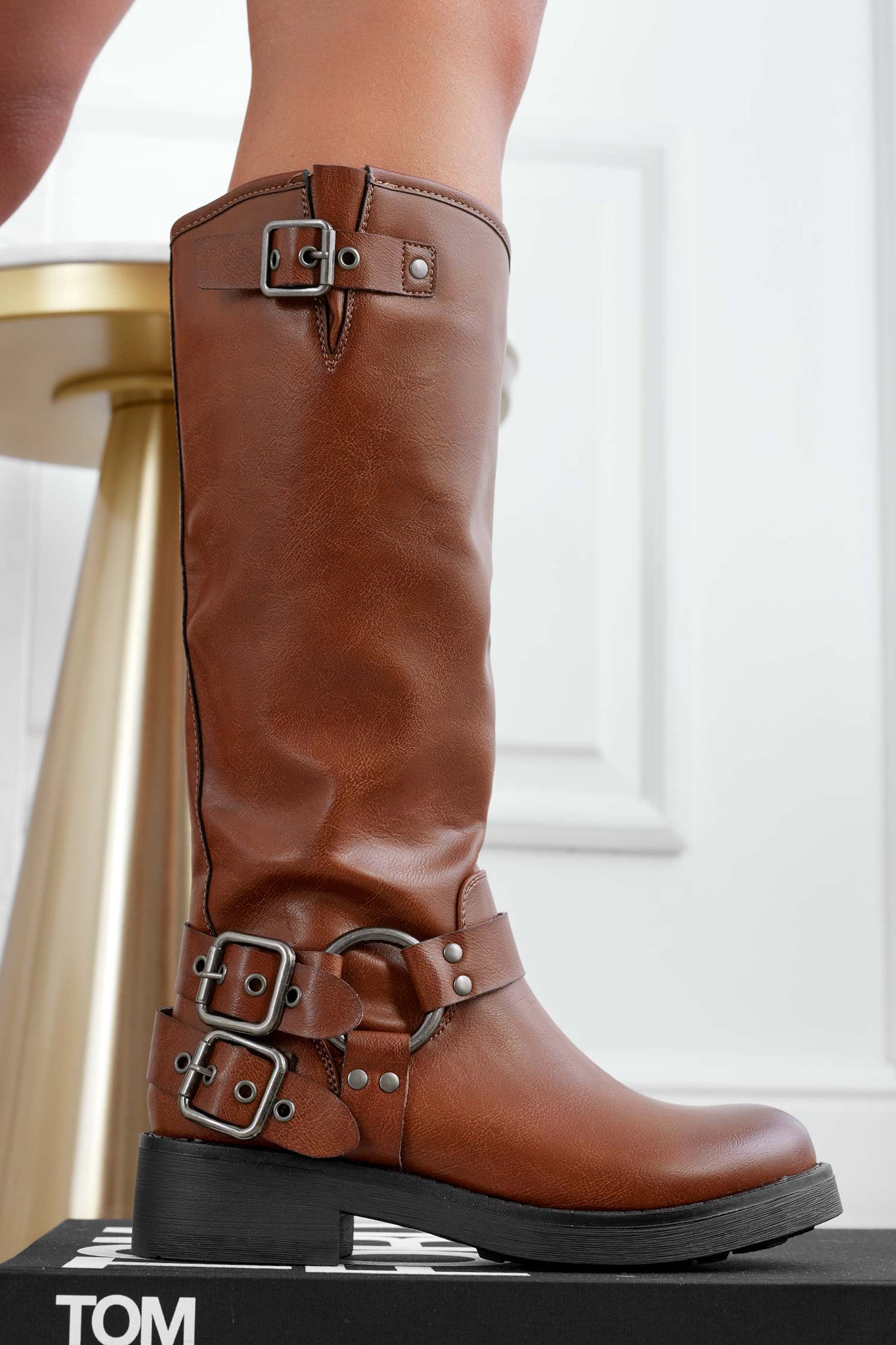 Brown biker boots with buckles