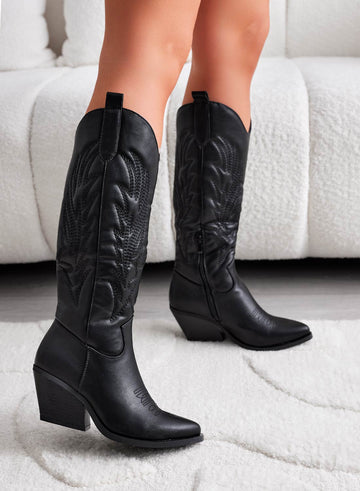 Black camper boots with embossed embroidery