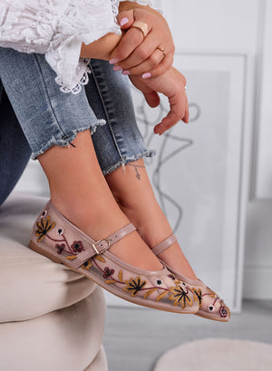 FLORA - Pink ballet flats in embroidered voile with strap and floral details