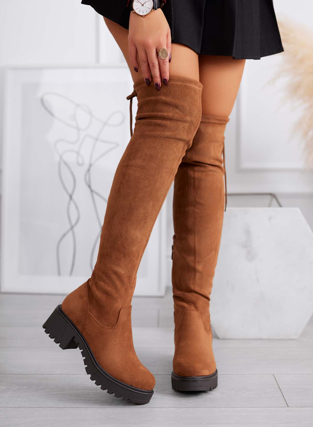 FLUX stivali donna camel scamosciati alla coscia con suola chunky