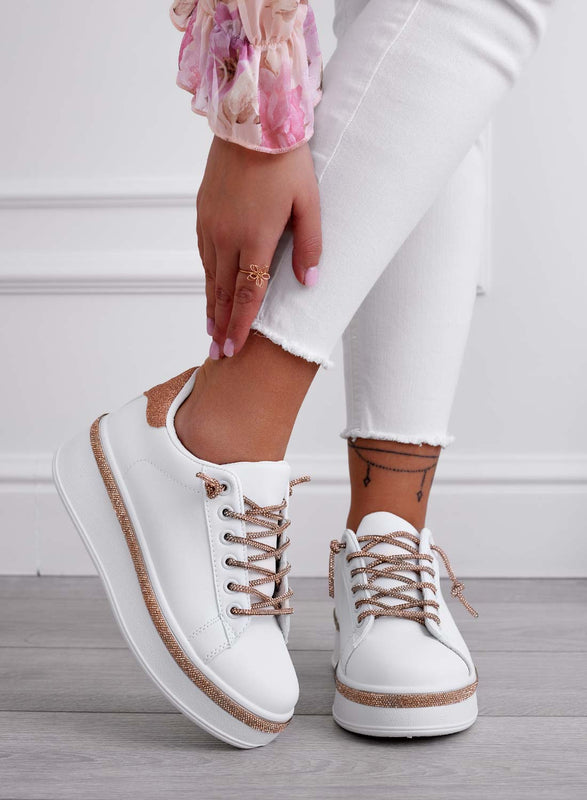 FRANKIE - Sneakers bianche con lacci gioiello oro rosa