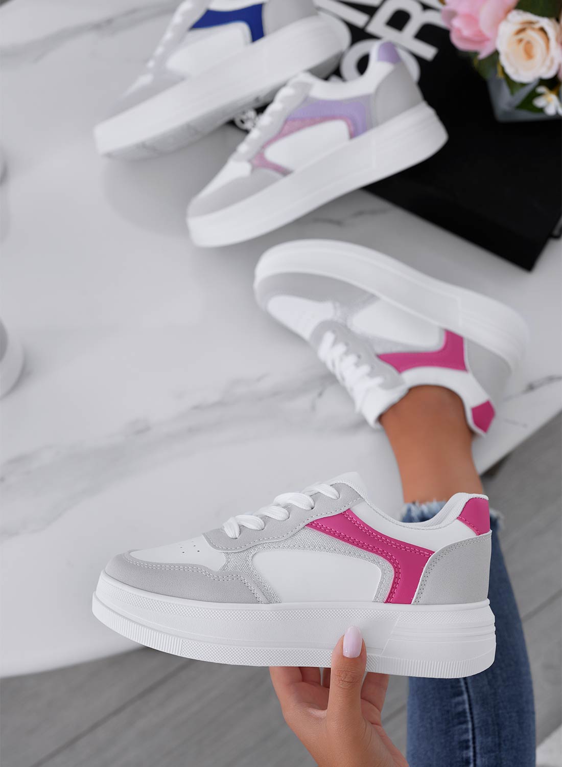 FRIDA - White sneakers with grey and fuchsia inserts