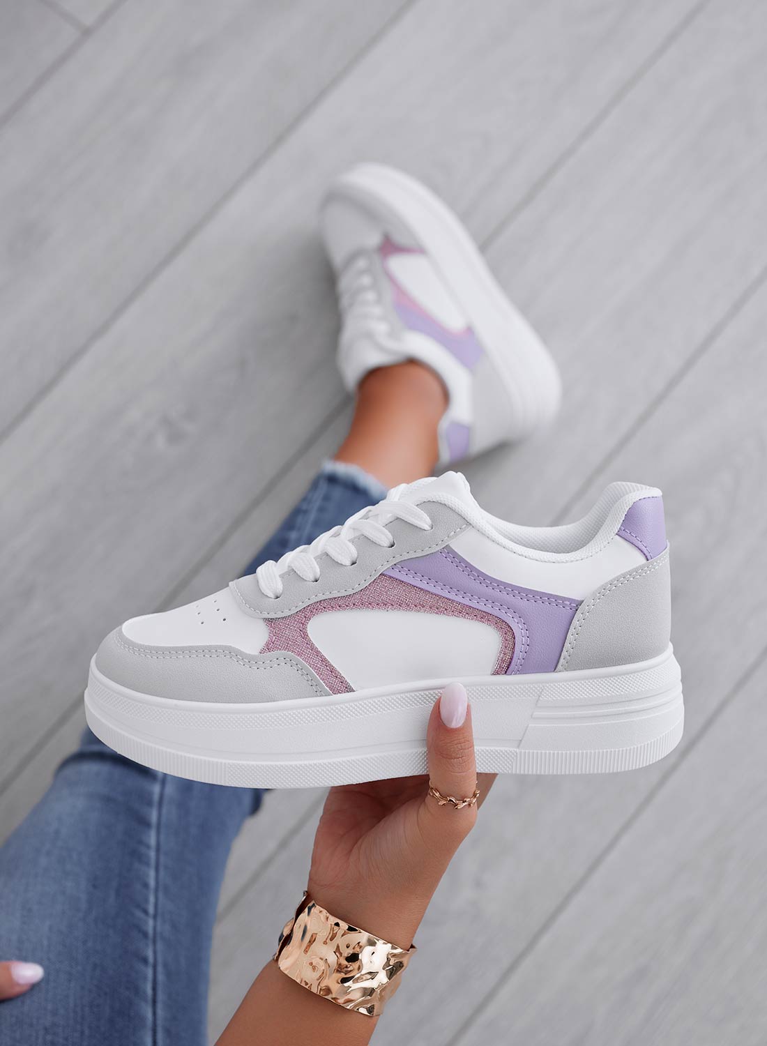 FRIDA - White sneakers with grey and lilac inserts