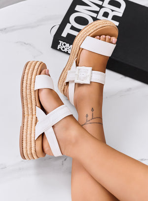 GALATEA - White sandals with maxi buckle and rope-effect platform sole