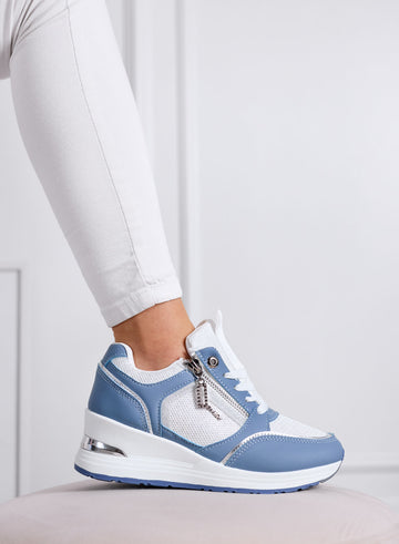 GEMMA - Blue Sneakers with Side Zip and Mesh Inserts