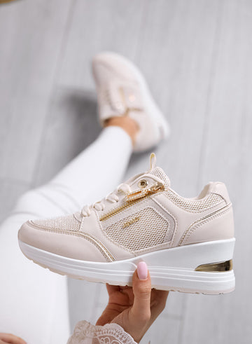 GEMMA - Beige Sneakers with Side Zip and Mesh Inserts