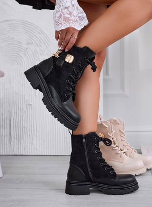 GEMMA - Black combat ankle boots with gold teddy brooch