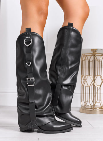 GIADA - Black camperos boots with decorative buckles and turned-down cuff