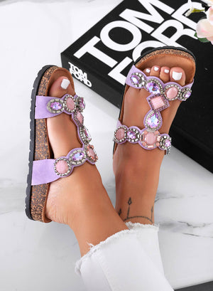JOY - Flat purple slide sandals with stones