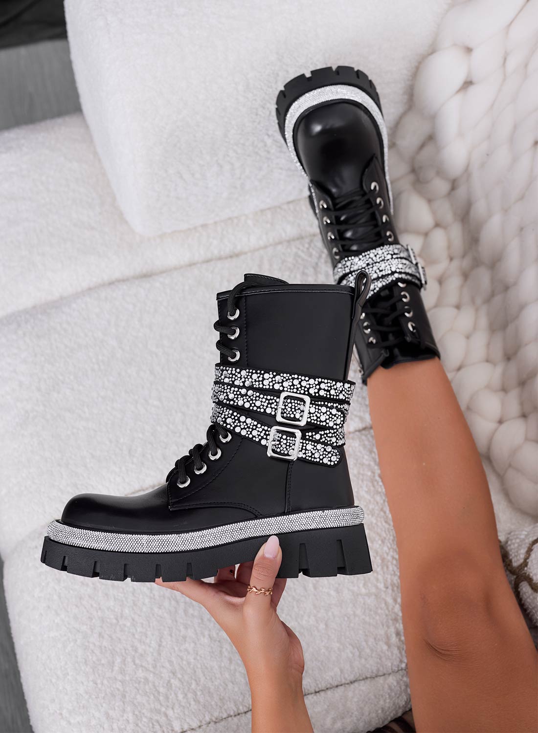 GIOVANNA - Black ankle boots with silver rhinestone bands