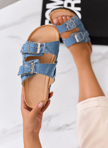 GIOVE - Sandali ciabatte platform in denim azzurro con doppia fibbia