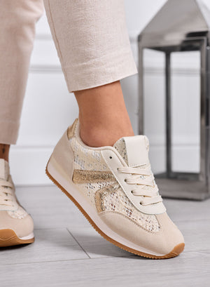 GIULIANA - Sneakers beige con pizzo e inserti oro