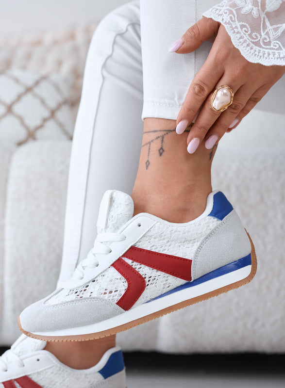 GIULIANA - Baskets grises avec dentelle blanche et empiècements rouges