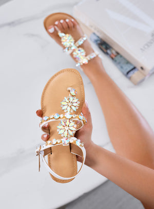 GIULY - Low white sandals with iridescent jewel stones