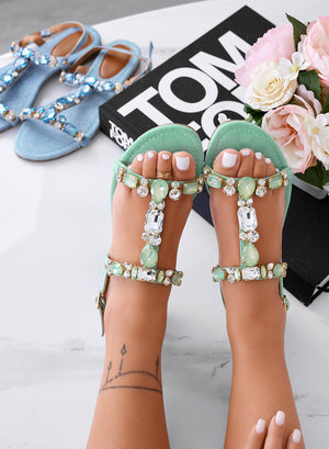 Green flat jeweled sandals with stones
