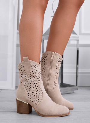 GRACE - Beige perforated suede ankle boots