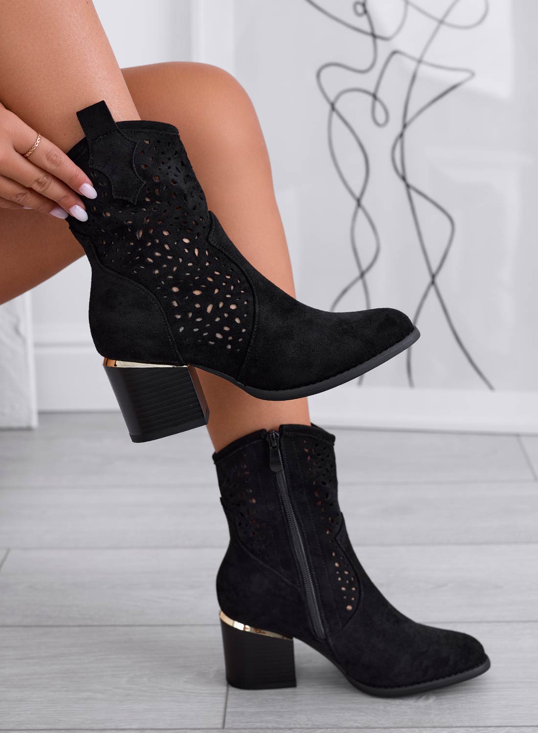 GRACE - Black perforated suede ankle boots
