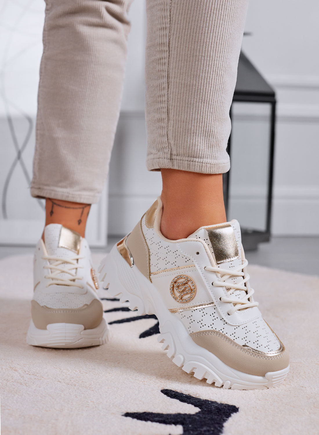 GRAZIA - Beige perforated sneakers with jewel embellishment
