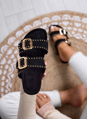 GRETA - Black sandals Slippers with studs and gold buckles