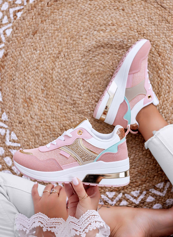 GRETA - Sneakers rosa con zeppa e inserti oro