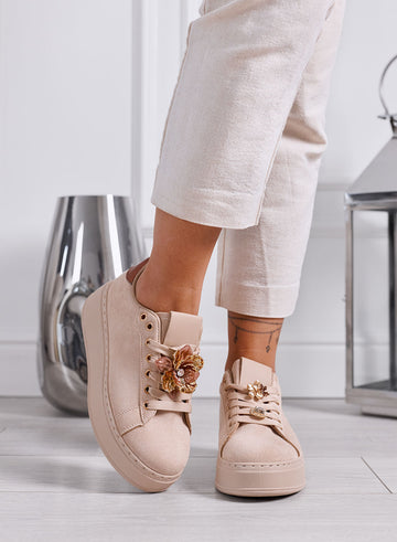 GWENDA - Sneakers Donna Beige con Fiore Gioiello e Suola Platform