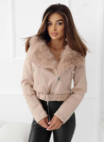 Beige jacket with faux fur hood